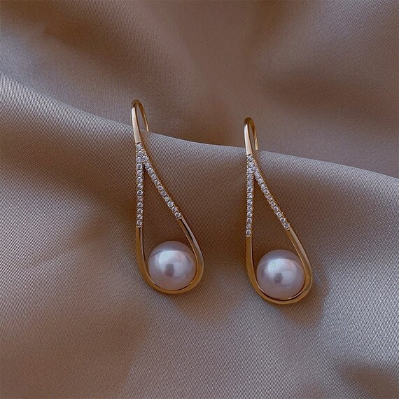 Pearl Drop Earrings Elegant Dangle Hoops for Women Fine | Etsy