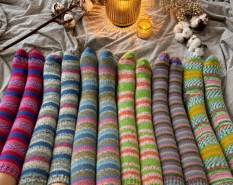 Knee High Wool Socks Women Long Striped Hiking Tall Boot Cozy Warm Winter Ski Colorful Knit Gift