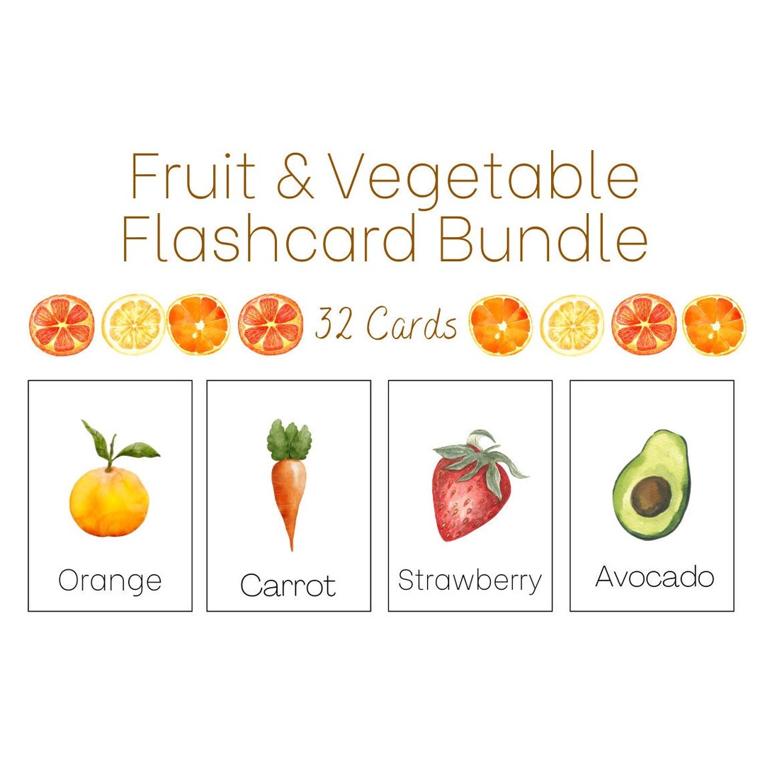 Bundle Fruit & Vegetable Flashcards 32 Total Printable Flashcards