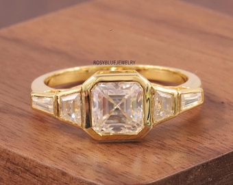 Anillo de compromiso con diamante cultivado en laboratorio de 2 quilates engastado en bisel Asscher, anillo con diamantes talla baguette cónica y trapezoidal en los laterales, anillo de promesa de 5 piedras para él.