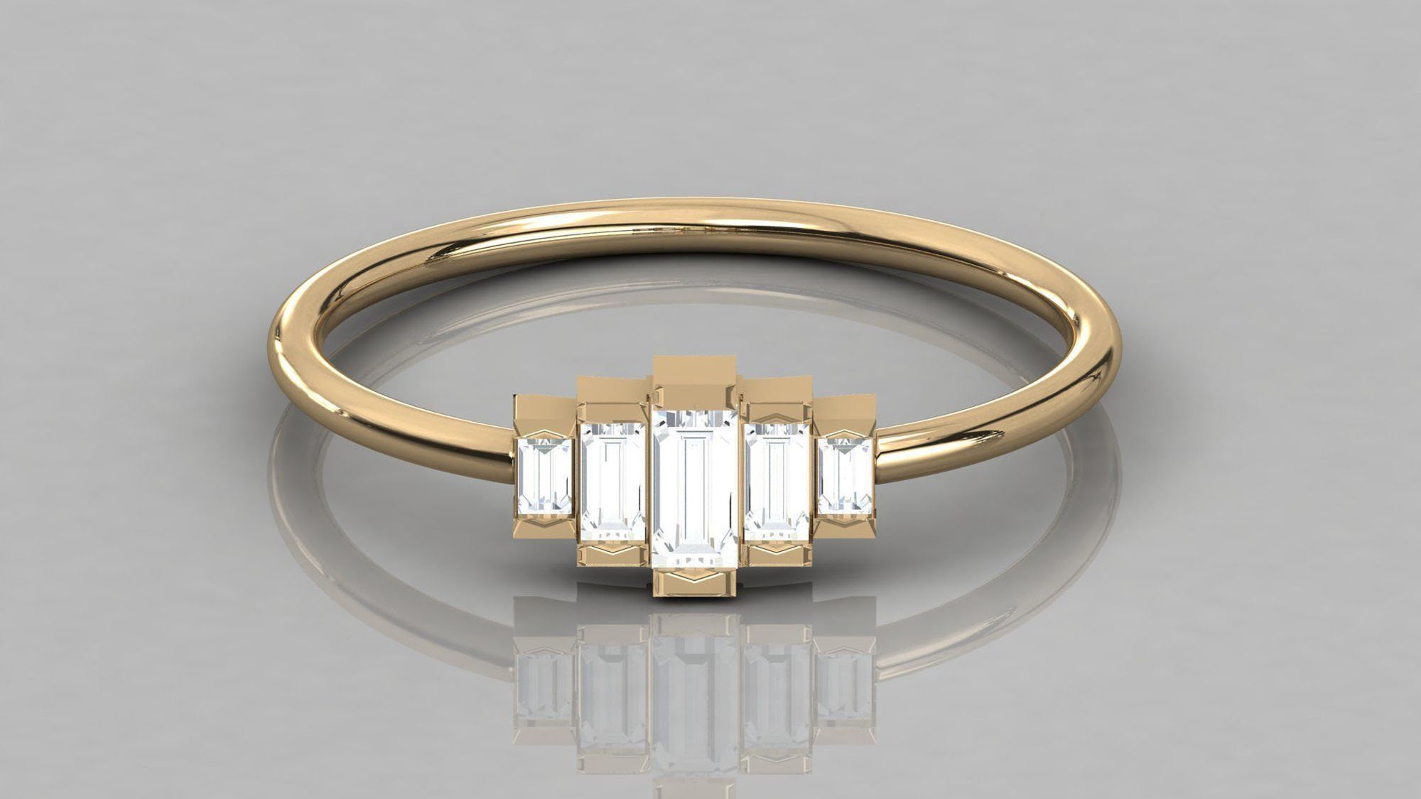 18k Gold Baguette 5 lab grown Diamond Wedding Ring Stacking Etsy