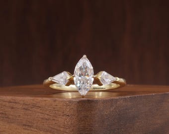 Lab Grown Three Diamond Wedding Ring, Solitaire Marquise with Side Kite Cut Trilogy Anniversary Ring, Stackable Ring For Women, Ring For Her