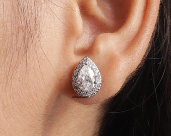 Pear Cut Lab Grown Diamond Halo Stud Earrings, Screw Back Diamond Studs, Teardrop Bridesmaid Earrings, Wedding Gift For Women