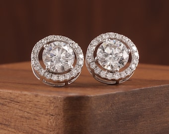 Round Lab Grown Diamond Halo Earrings, Halo Studs For Women, Round Screw Push Back Earrings, Unique Circle Design Stud, Elegant Bridal Gift.