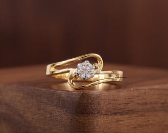 Anello nuziale con diamante solitario rotondo, anello con diamante con gambo bypass, anello in oro giallo 14 carati, anello delicato per donna, anello impilabile, regalo per donna