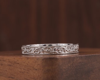 Art déco vigselring, stapelbar vintage-ring med filigranmönster, blommig vigselring, jubileumsring med milgrainmönster, löftearmband för kvinnor.