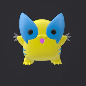 May include: A small, rounded yellow figurine with a smooth finish, featuring large blue mask-like ears, black circular eyes, a small pink mouth, and three grey claws on each side. The character has blue stripes on its sides and small feet.