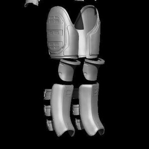 May include: A set of gray plastic armor pieces for a costume or cosplay. The pieces include a chest plate, shoulder pads, thigh guards, knee pads, and shin guards.