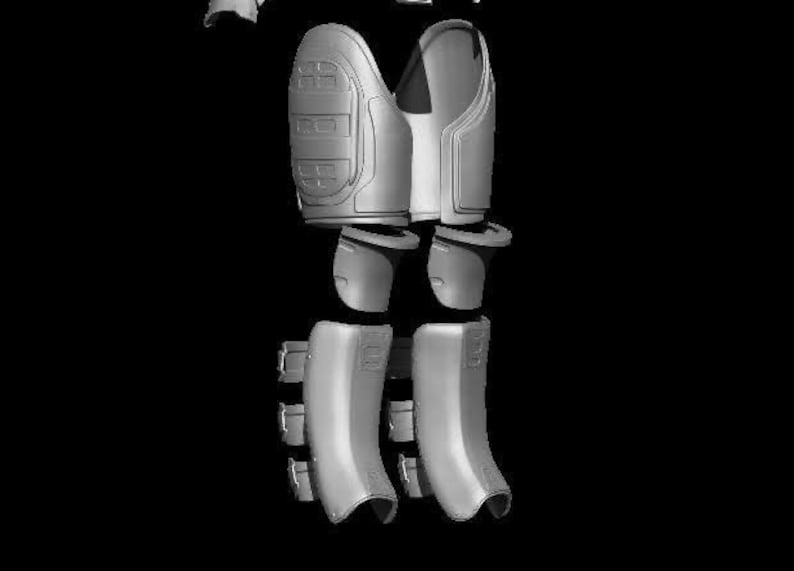 May include: A set of gray plastic armor pieces for a costume or cosplay. The pieces include a chest plate, shoulder pads, thigh guards, knee pads, and shin guards.
