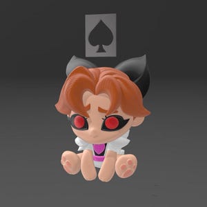 May include: A 3D-rendered chibi-style figure with red hair, black cat ears, and red eyes. The figure wears a white collar and pink accents. A gray spade card is above the figure.