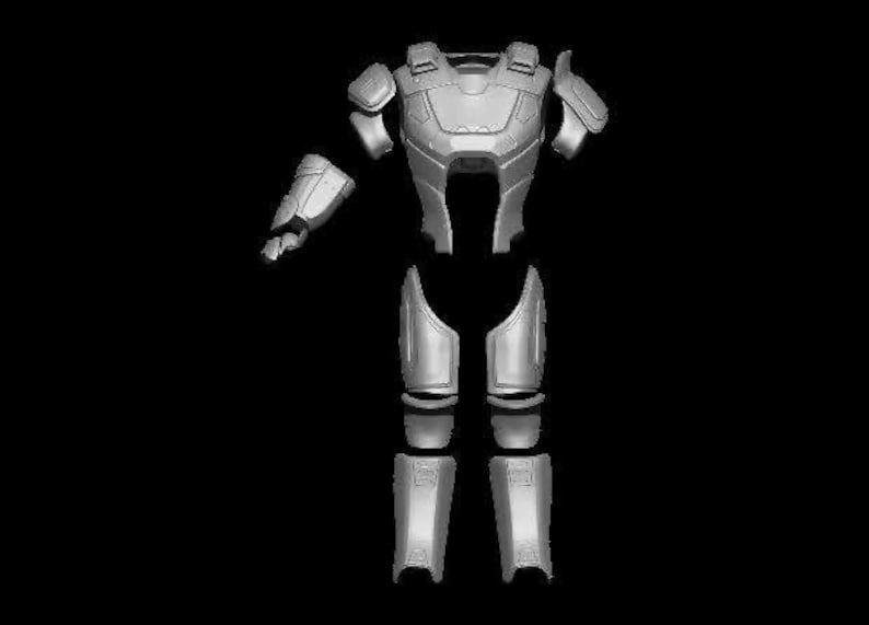 May include: A gray, detailed, 3D model of a futuristic suit of armor. The armor is segmented into pieces, including a chest plate, shoulder pads, leg guards, and arm guards.