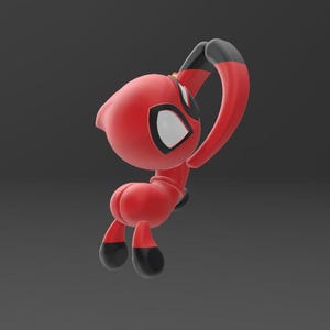 May include: A red cartoon character with black and white accents. The character has a large head, a long, curved tail, and small legs. The character's eyes are white with black outlines. The character is in a dynamic pose, as if jumping or running.