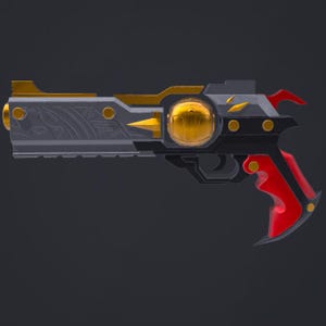 Puede incluir: Una pistola de juguete futurista con un cañón gris con patrones de líneas grabadas, un componente esférico central dorado y un mango rojo brillante. El diseño incluye detalles dorados, remaches circulares y una silueta angular y afilada.