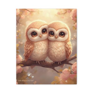 Knusse kawaii uilen canvas muurkunst - pastelkleurige bosvogels op tak