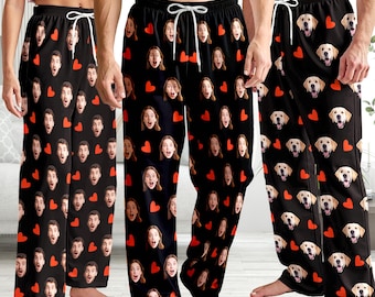 Custom photo pajama pants: Personalized Face and Red Heart Bottom for Women Men