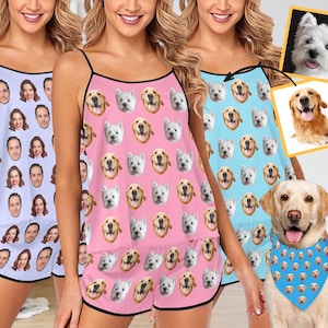 Personalized Women&#39;s Spaghetti Strap Short Pajama Set, Custom face pajamas dog, Anniversary/Bachelorette Party Pajamas, Mother&#39;s day Gift