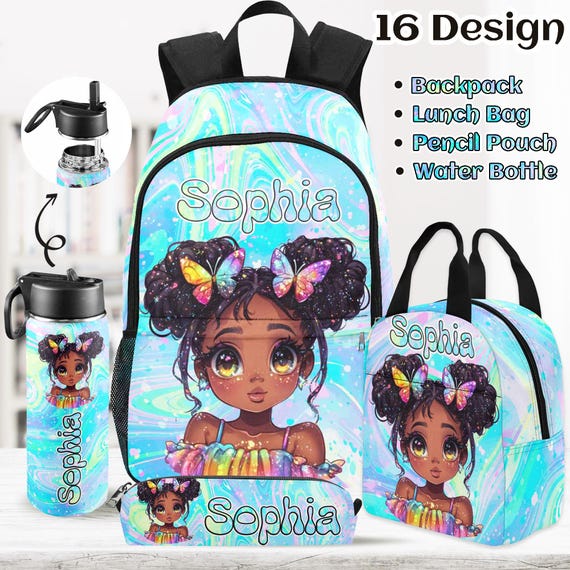 african american kid backpacks Personalized Afro Girl Backpack Set: School Bag, Lunch Bag & Water Bottle