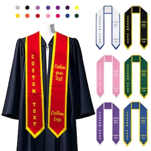 May include: Graduation sash with a red and yellow design. The sash has the text "CUSTOM TEXT" and "Custom Logo" embroidered on it. The sash is available in a variety of colors.