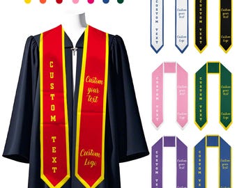May include: Graduation sash with a red and yellow design. The sash has the text "CUSTOM TEXT" and "Custom Logo" embroidered on it. The sash is available in a variety of colors.