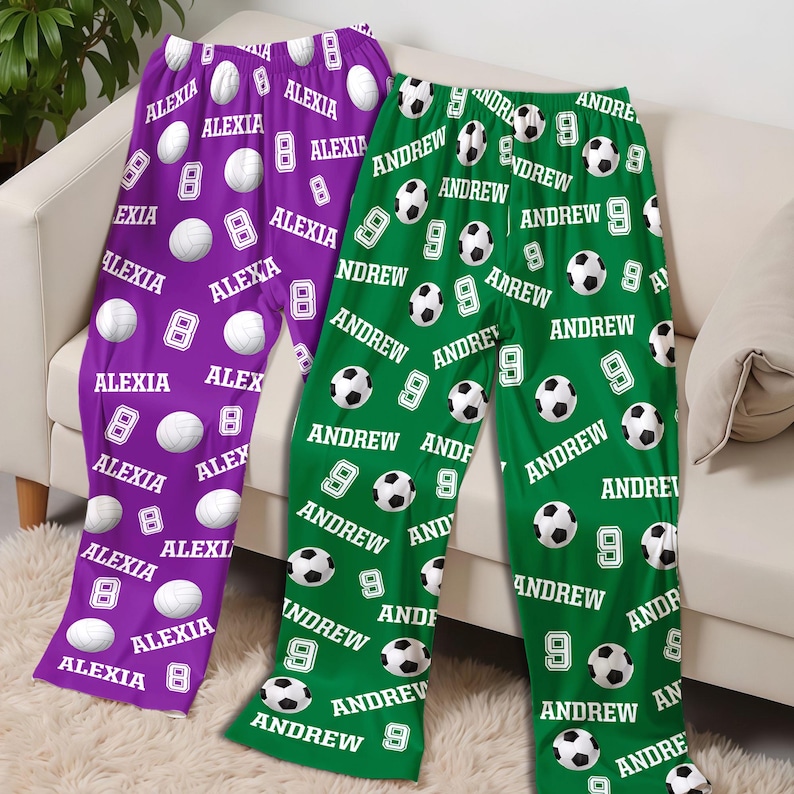 May include: Two pairs of personalized pajama pants. One pair is purple with white volleyballs, the name "Alexia", and the number 8. The other pair is green with soccer balls, the name "Andrew", and the number 9.