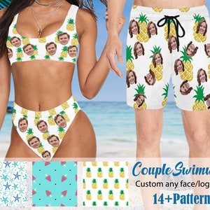 Custom Couples Matching Swimwear Swimsuits Swimming Trunks, Personalized swimsuit with face, Custom Swimwear woman man, custom face swimsuit