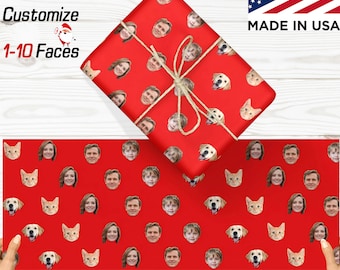 May include: Red wrapping paper with a repeating pattern of faces and dogs. The text "Christmas Bonus: Customize 1-10 Faces" is at the top of the image. The text "MADE IN USA" is at the bottom right of the image.