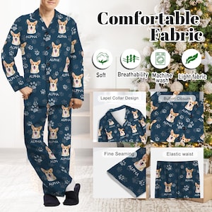 May include: A blue pajama set with a dog print. The pajamas feature a button closure, a lapel collar, and an elastic waist. The fabric is soft, breathable, and machine washable.