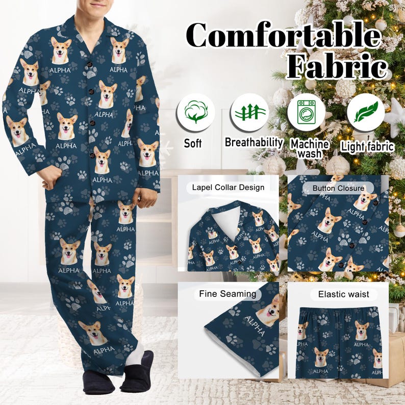 May include: A blue pajama set with a dog print. The pajamas feature a button closure, a lapel collar, and an elastic waist. The fabric is soft, breathable, and machine washable.