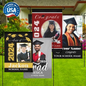 May include: Four graduation yard signs with black, red, and gray backgrounds. Each sign features a photo of a graduate, the year 2024, and the text "Congrats" or "Class of".