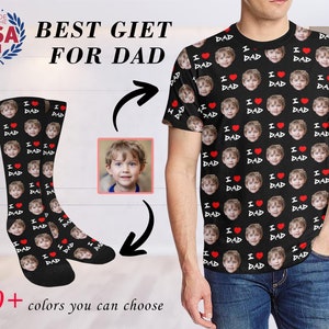 May include: A black t-shirt and socks with a repeated pattern of a child's face and the words "I love Dad". The shirt and socks are customizable with a photo of your choice. The text "BEST GIFT FOR DAD" is at the top of the image.