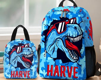 Personalized T-Rex Dinosaur Backpack Set: Schoolbag, Lunch Bag & Water Bottle
