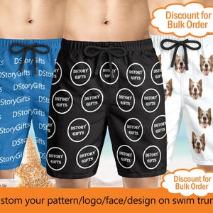 May include: Three pairs of swim trunks with different patterns. The first pair is blue with white text that says "DStory Gifts". The second pair is black with white circles that say "DStory Gifts". The third pair is white with a repeated pattern of a dog's face. The text "Discount for Bulk Order" appears twice in the image.