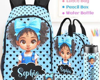 Personalized Afro Black Girl Backpack Set: School Bag, Lunch Bag & Pencil Case