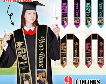 May include: Graduation sash with gold glitter and black background. The sash has the text "Class of 2024" and "Your School Name" printed on it. The sash also has a space for a photo and the text "Your Name". The sash is available in 9 colors.