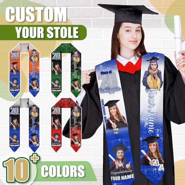 Custom Graduation Stole with photos,Your School Colors Personalized Stole,Personalized Text Grad Stole Sash,Gift for Graduate,Class of 2024