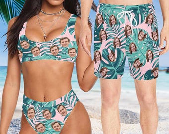 Personalized Couples Matching Swimwear Swimsuits Swimming Trunks with face, custom Tropical leave Swimwear with face, Custom wedding gift