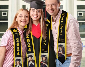 May include: Three people wearing graduation sashes with the year 2024 and the text "Class of" on them. The sashes are black with gold trim and have a photo of a graduate on them. The sashes also have the text "School Name" on them. One sash has the text "Your Name" on it.