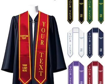 May include: A graduation sash with a red and gold design. The sash has the text "YOUR TEXT" embroidered on it in gold. The sash is shown on a person wearing a graduation gown. There are other sashes in different colors shown in the image.