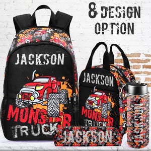Personalized Monster Truck Backpack Set: Boys School Bag, Lunchbox, Pencil Case