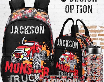 Personalized Monster Truck Backpack Set: Boys School Bag, Lunchbox, Pencil Case