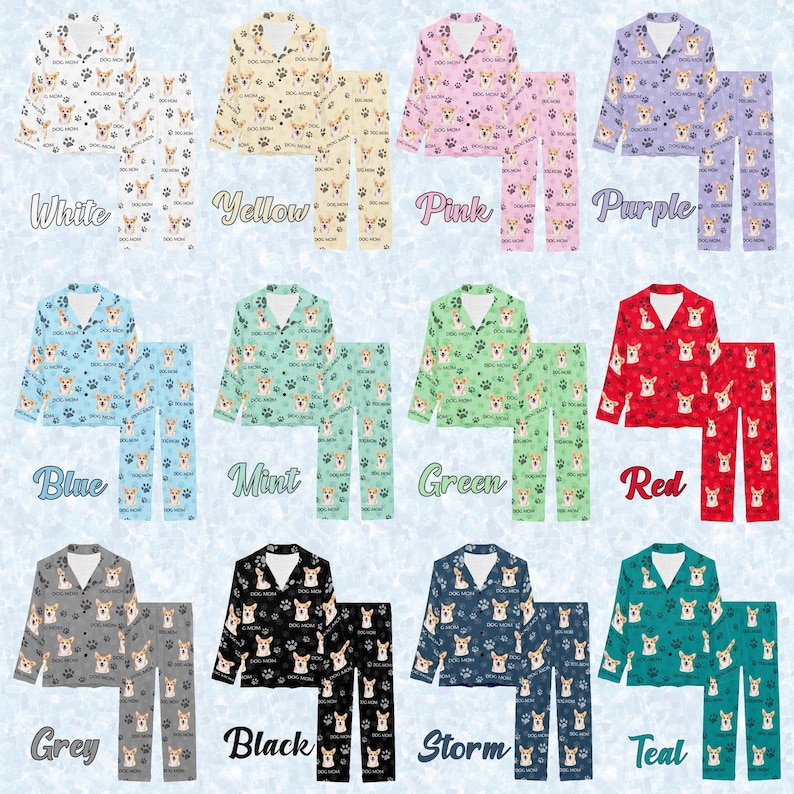 May include: A set of 12 pairs of pajamas featuring a dog print in various colors, including white, yellow, pink, purple, blue, mint, green, red, grey, black, storm, and teal.