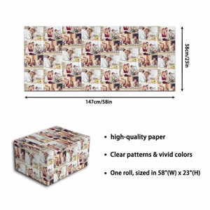 May include: A roll of wrapping paper featuring a collage of family photos. The paper is 147 cm wide and 58 cm high. It is made from high-quality paper with clear patterns and vivid colours.