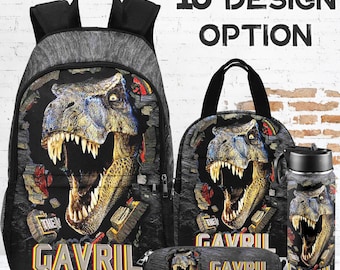 Personalized Dinosaur Backpack Set: Custom Name School Bag, Lunchbox & Water Bottle