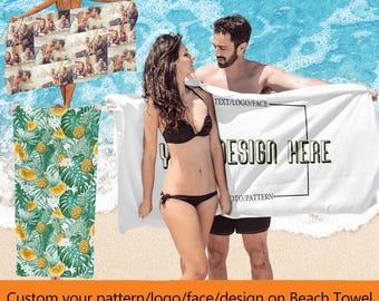 May include: A white beach towel with the text "DESIGN HERE" in a black frame. The towel is being held by two people, one wearing a black bikini and the other wearing a black swimsuit. The towel has a pineapple and watermelon pattern.