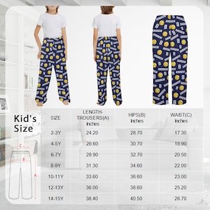 May include: Navy blue pajama pants with a repeating pattern of yellow baseballs, the number 8, and the name "ANDREW" in white. The pants are shown on a child, with a size chart for kids.