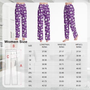 May include: Purple pajama pants with a repeating pattern of white golf balls, the number 8, and the name "ALEXIA" in white. The pants are displayed with a size chart showing measurements in inches.