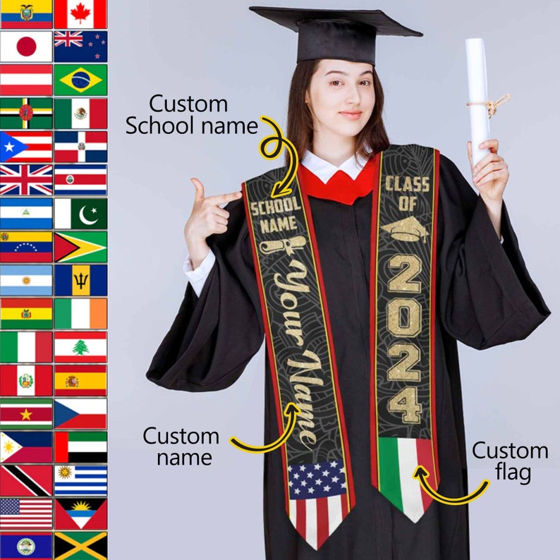 StoleMixed Two Flag Grad Stole, Personalized Class of 2024 Stoles, Mixed Country Flag Graduation Stoles Sash Grad Stoles, Graduation Gift image 2