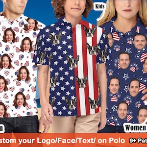 Custom American Flag Men&#39;s Women&#39;s Kid&#39;s All Over Print polo shirt Custom polo shirt Personalize polo logo face on shirt for men woman kids