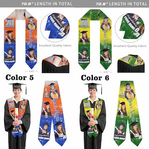 K&ouml;nnte beinhalten: Eine Abschlussband in den Farben Blau, Gr&uuml;n und Orange. Die Band ist 70,8 Zoll lang und verf&uuml;gt &uuml;ber ein personalisiertes Design mit dem Text "Your Name" und "Congratulations".