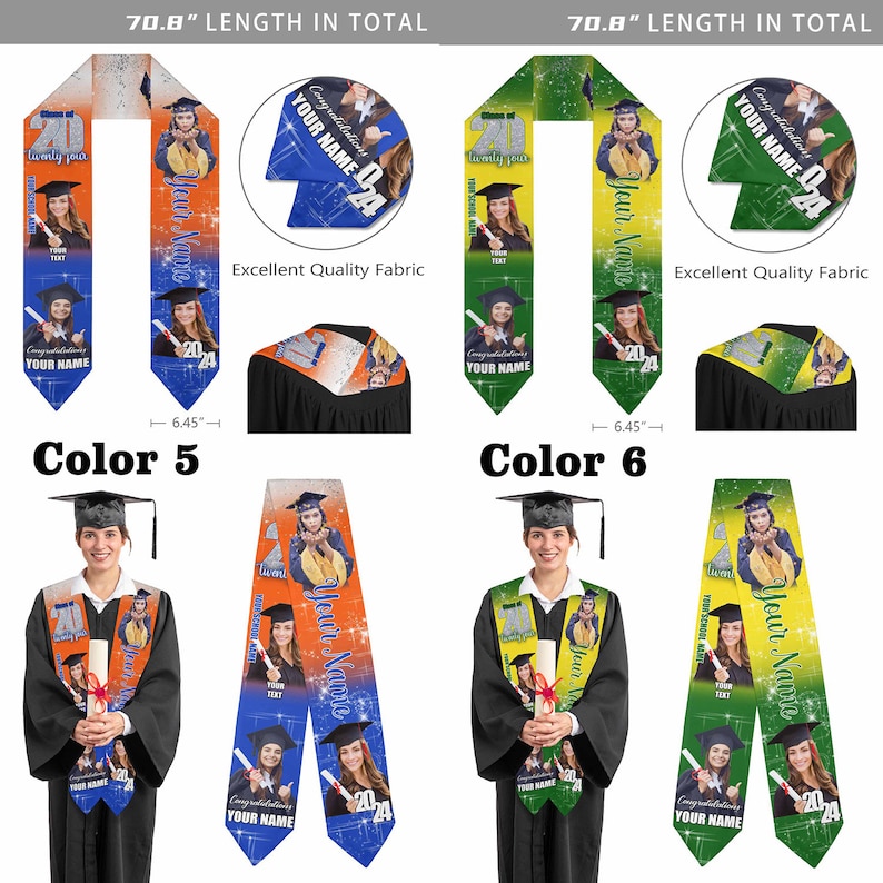 K&ouml;nnte beinhalten: Eine Abschlussband in den Farben Blau, Gr&uuml;n und Orange. Die Band ist 70,8 Zoll lang und verf&uuml;gt &uuml;ber ein personalisiertes Design mit dem Text "Your Name" und "Congratulations".